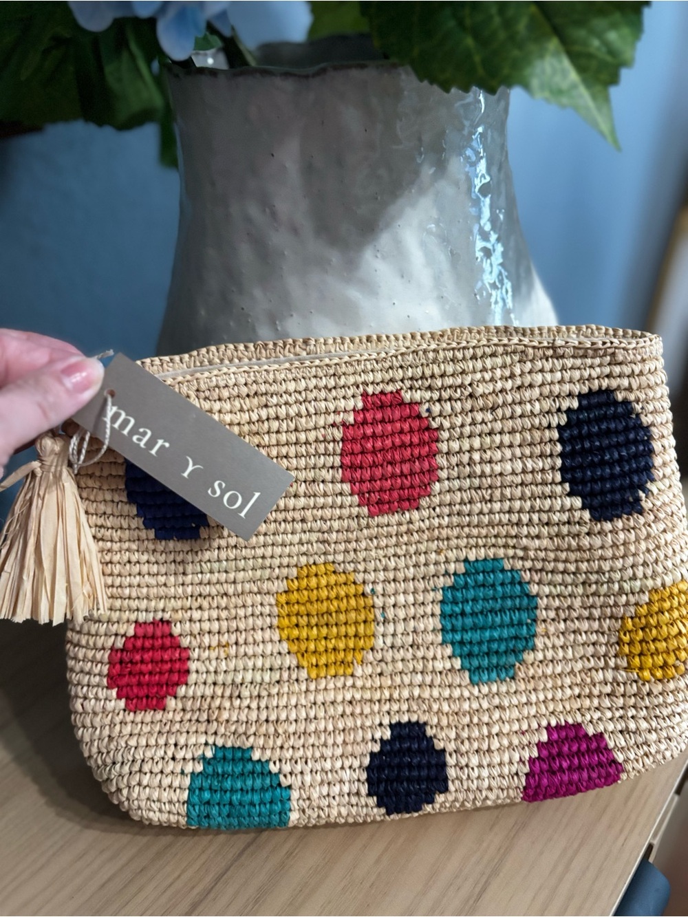 Mar y Sol brand- Natural Straw Polka Dot Wristlet Clutch - Multicolor